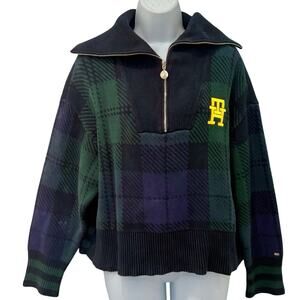Tommy Hilfiger Blue Green Plaid Tartan Yellow Logo Quarter Zip Sweater size L